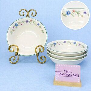 Oneida AVA White Blue Purple Flowers Green Band Stoneware Cereal  Bowls Set of 4